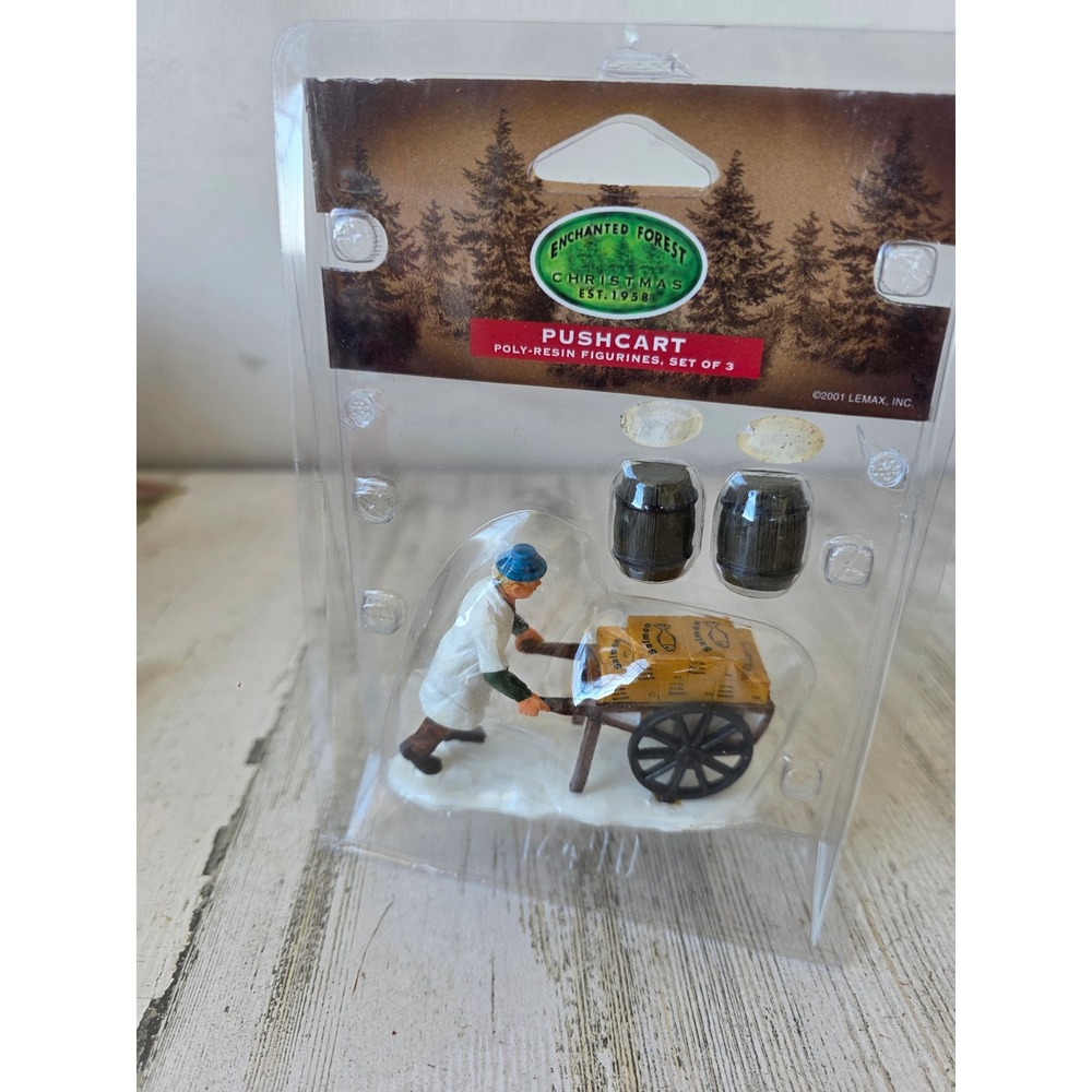 Lemax push cart barrels man accessory market Xmas village decor new 2001 salmon